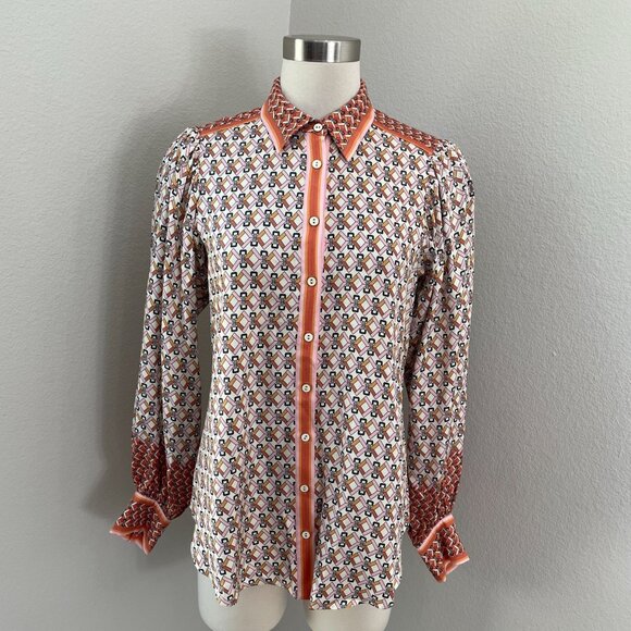 Hale Bob Womens Small Long Sleeve Button Up Blouse Geometric Orange White Shirt - Picture 1 of 13